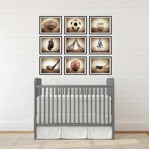 Sports Wall Art,  Set of Nine photo prints, Boys Nursery Decor, Rustic sports Decor, Vintage Sports art, Boys Sports room