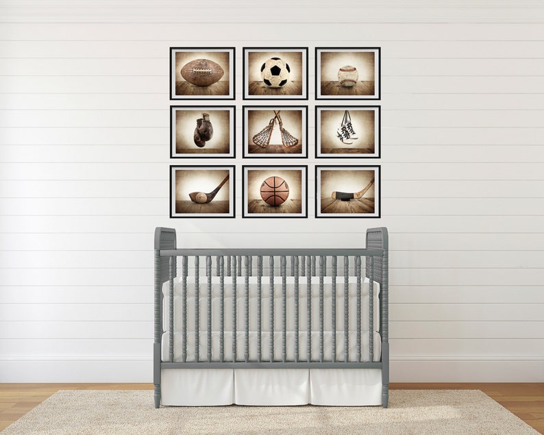 Sports Wall Art, Set of Nine photo prints, Boys Nursery Decor, Rustic sports Decor, Vintage Sports art, Boys Sports room Vintage Brown