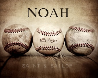 Personalized Vintage Baseballs Photo Print, Boys Room Decor