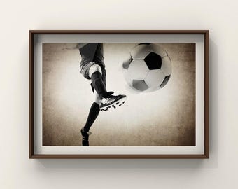 Soccer Ball Kick Photo Print, Vintage Style Sports Decor