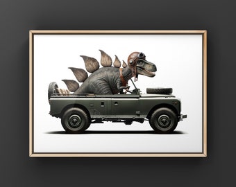 Stegosaurus Driving Green Land Rover Art Print, Dino Room Decor, Dinosaur Art, unframed print or canvas