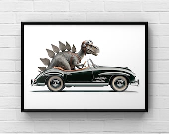 Stegosaurus conduisant une Mercedes verte vintage, impression photo, décoration de chambre de garçons, art de dinosaure, impression sans cadre ou toile