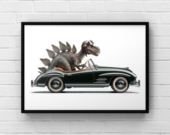 Stegosaurus Driving Vintage Green Mercedes, Photo Print, Boys Room Decor, Dinosaur Art, unframed print or canvas