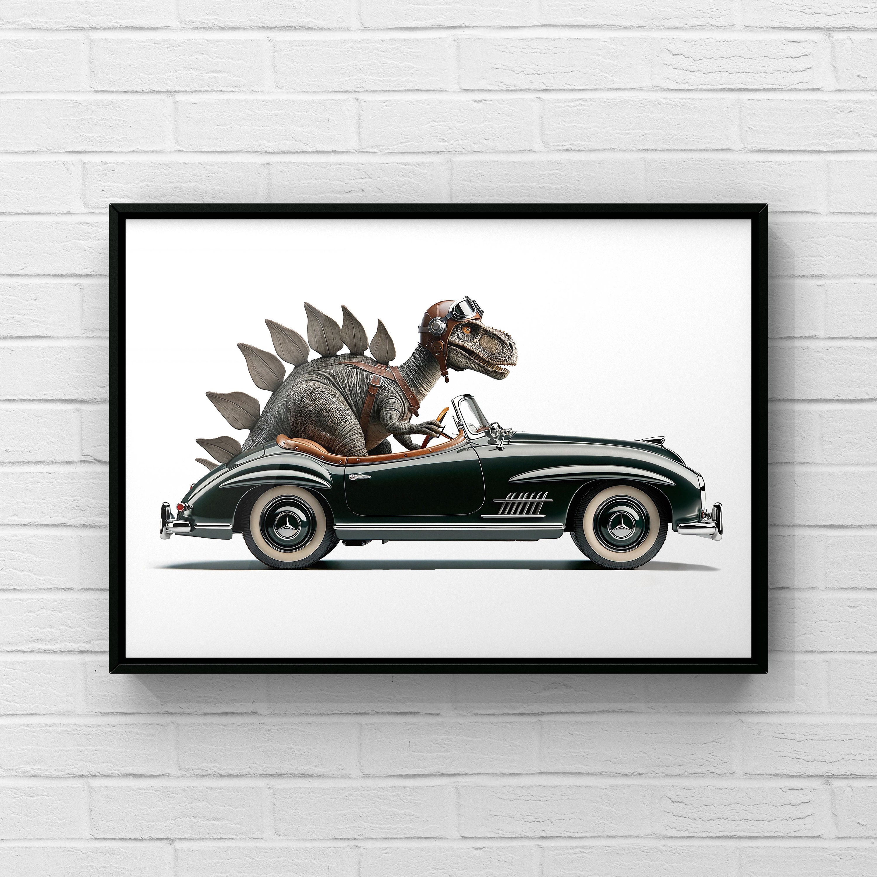 Stegosaurus Driving Vintage Green Mercedes, Photo Print, Boys Room Decor, Dinosaur Art, unframed print or canvas