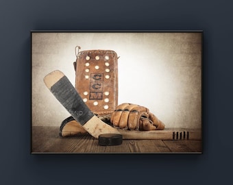 Vintage Hockey Blocker, Gloves, and Stick Photo Photo art Print, Boys Room decor, Boys Nursery Ideas, Sports art, Sport Prints, Man Cav