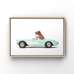 Dino Driving 57  Corvette convertible, Photo Print, Boys Room Decor, Dinosaur Art, unframed print or canvas