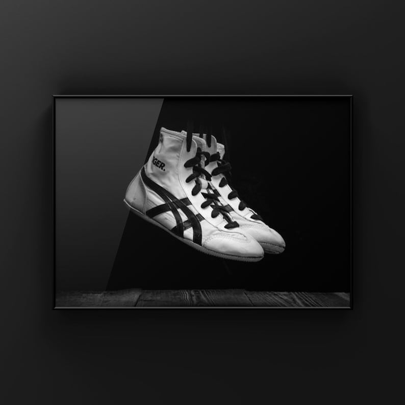 Vintage Wrestling Shoes on Black Photo Print, Rustic Decor, Boys Room, Sports Theme room afbeelding 1