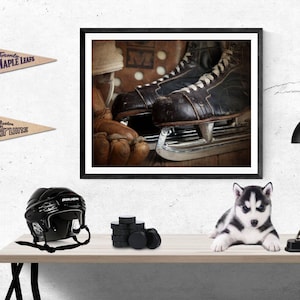 Vintage Hockey Skates, glove blocker and helmet closeup Photo Print, Boys Room decor, Boys Nursery Ideas, Sports art, Sport Prints, Man Cav