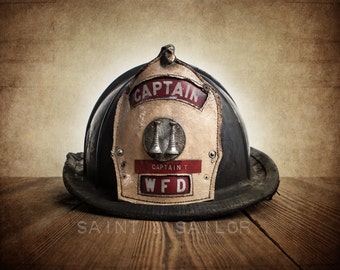 Vintage Fireman Helmet Photo Print, Captain WFD, Firefighter Art