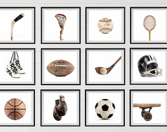La colección completa de deportes sobre fondo blanco, conjunto de 12 impresiones fotográficas, decoración de guardería, decoración deportiva vintage, sala de deportes, arte deportivo