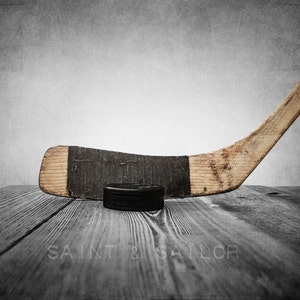 Vintage Hockey Stick and Puck on Wood Photo Photographic art Print, Boys Room decor, Boys Nursery Ideas, Sports art, Sport Prints, Man Cav image 6