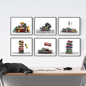 Vintage Matchbox Cars Stacked Airplane Fly By on White and Grey Background, Photo Print, Boys Room decor, Boys Nursery Prints