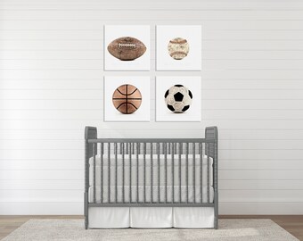 Sports Canvas Wall Art, Set of Four, Vintage Baseball, Soccer, Football, Basketball