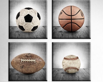 Set of Four Square Canvases  Ready to Hang, Vintage Single Baseball On Barnwood, Soccer, Football and Basketball
