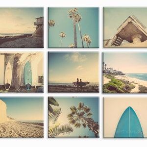 Set of 9 Surf Beach Decor Canvas prints, beach photos, , yellow, turquoise, sunset, retro, vintage surf home decor, beach wall art image 1