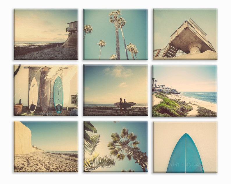 Set of 9 Surf Beach Decor Canvas prints, beach photos, , yellow, turquoise, sunset, retro, vintage surf home decor, beach wall art image 1