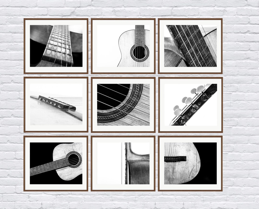 Black and White Vintage Acoustic Guitar Parts, Set of Nine Photo Prints