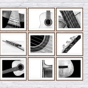 Black and White Vintage Acoustic Guitar Parts, Set of Nine Photo prints, Music theme, guitar room, Music Decor
