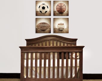 Sports Ball Canvas Prints, Set of Four, Soccer, Football Basketball and baseball Wall Art