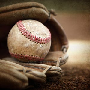 Vintage Baseball in Glove Photo Print, Baseball Nursery Art image 2