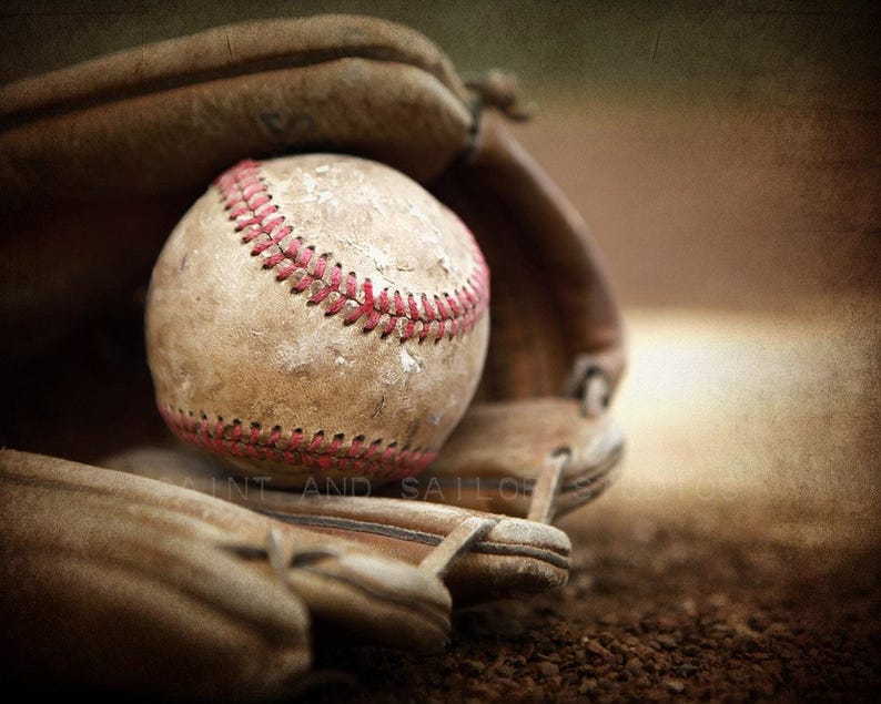 Vintage Baseball in Glove Photo Print, Baseball Nursery Art image 2