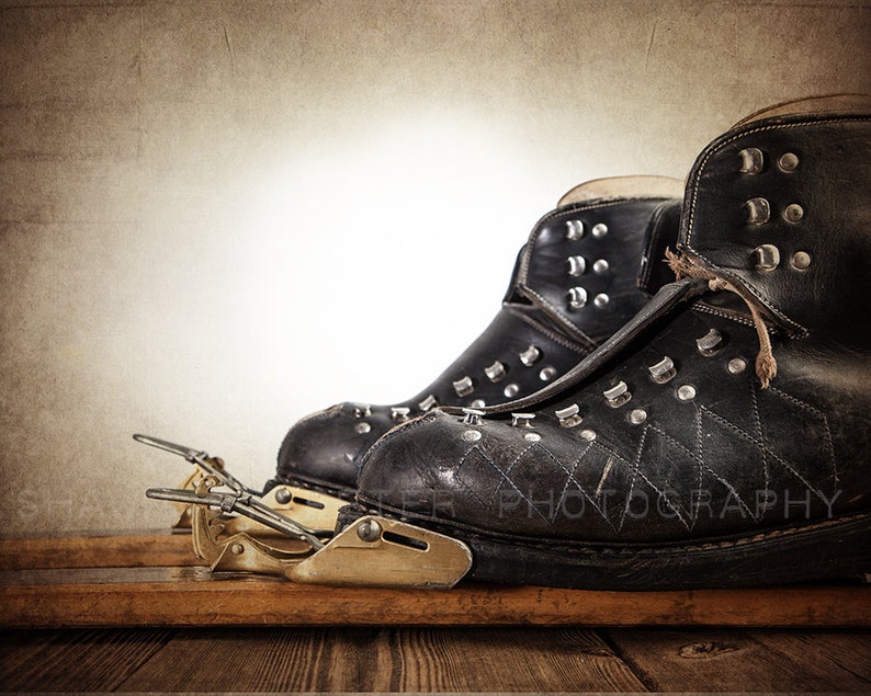 Vintage Ski Boots In Skis Photo Print Wall Decor Art Kids Room Gift Ideas Snow Sports Photos