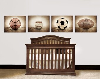 Vintage Sports Ball Canvas Art, Set of Four, Rustic Barnwood Print