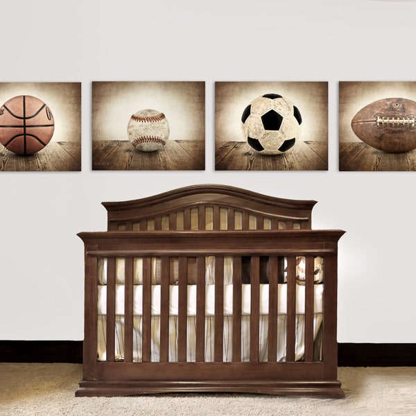 Vintage Single Baseball, Soccer, Football and Basketball Photo Set of Four Canvases  Ready to Hang, Wall art for boys, or Man Cave art