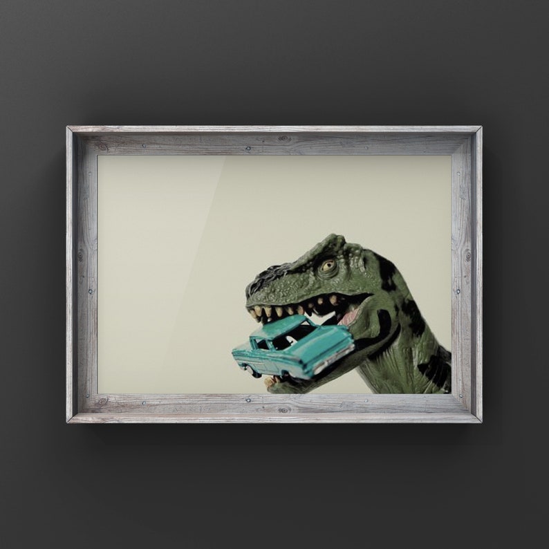 Tyrannosaurus Car Chomp, Dinosaur, Photo Print, Boys Room Decor, Dinosaur Art, Dino eating car print or canvas immagine 6