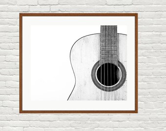 Vintage Acoustic Gutar in Black and White Top Right Section View, One Photo Print, Boys Room decor, Vintage Car Prints