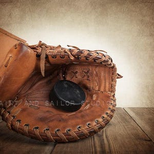Nice Save, Vintage Goalie Glove and Puck on Wood Photo Photo art Print, Boys Room decor, Boys Nursery Ideas, Sport Prints, Man Cav