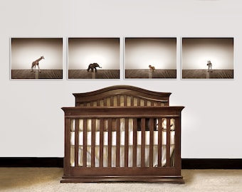 Set of 4 animal prints, Giraffe, Elephant Cheetah and Zebra Wall art, Miniature animal photography