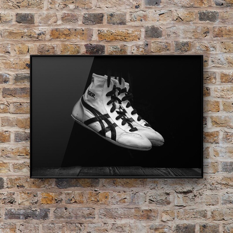 Vintage Wrestling Shoes on Black Photo Print, Rustic Decor, Boys Room, Sports Theme room afbeelding 3