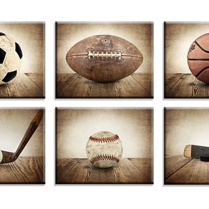 Vintage Sports Set of 6 Canvases , Color Balls on Vintage Brown Background , Ready to Hang  , Sports Decor, Boys Room Decor
