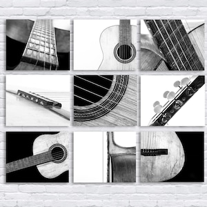 May include: A collage of nine black and white photographs featuring different parts of acoustic guitars. The images show the guitar body, neck, bridge, and soundhole.
