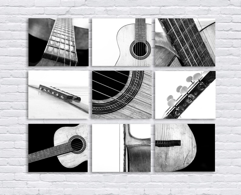 May include: A collage of nine black and white photographs featuring different parts of acoustic guitars. The images show the guitar body, neck, bridge, and soundhole.
