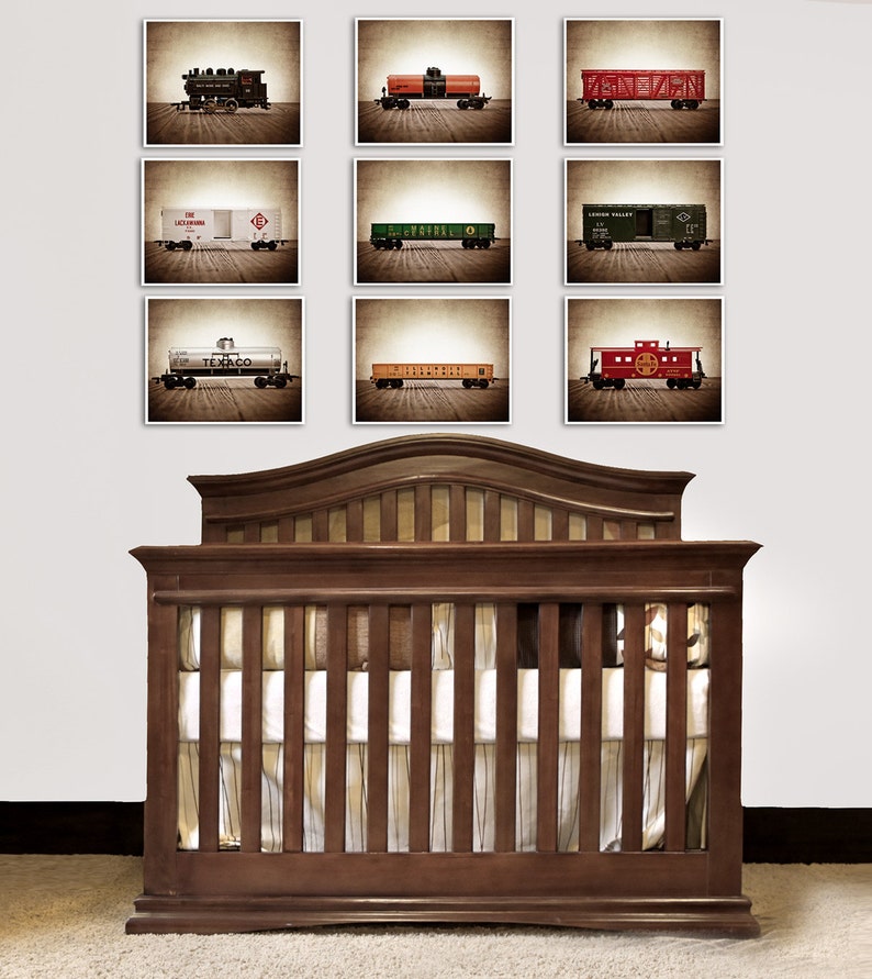 Train Decor for Boys Room, Vintage Toy Trains set of Nine Photo Prints, Boys Nursery Decor, Rustic Decor Toy Trains, Baby room ideas Vintage Brown