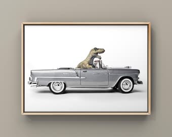 Tyrannosaurus Driving 55  Chevy Bel Air convertible, Photo Print, Boys Room Decor, Dinosaur Art, unframed print or canvas