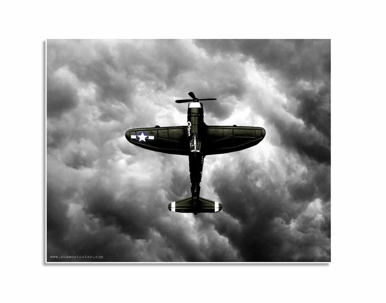 Boys nursery ideas, airplane pictures, nursery decor Vintage WWII Prop Plane Green Vertical Fighter, One Photo Print image 1