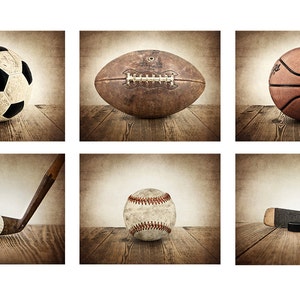 Vintage Sport Prints, Vintage Brown Background Set of 6  , Sports Decor, Boys Room Decor