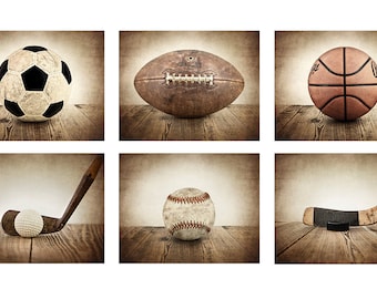 Estampados deportivos vintage, conjunto de fondo marrón vintage de 6, decoración deportiva, decoración de la habitación de los niños