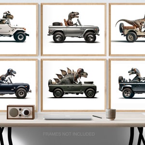 Set of Six Dinos Driving 4x4s, Photo Prints, Dino Nursery Decor, Dinosaurs in cars Wall art, Bronco, Rovers, Scout