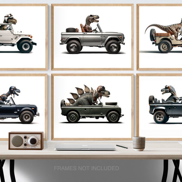 Set of Six Dinos Driving 4x4s, Unframed Photo Prints or Canvases, Dino Nursery Decor, Dinosaurs in cars Wall art, Bronco, Rovers, Scout