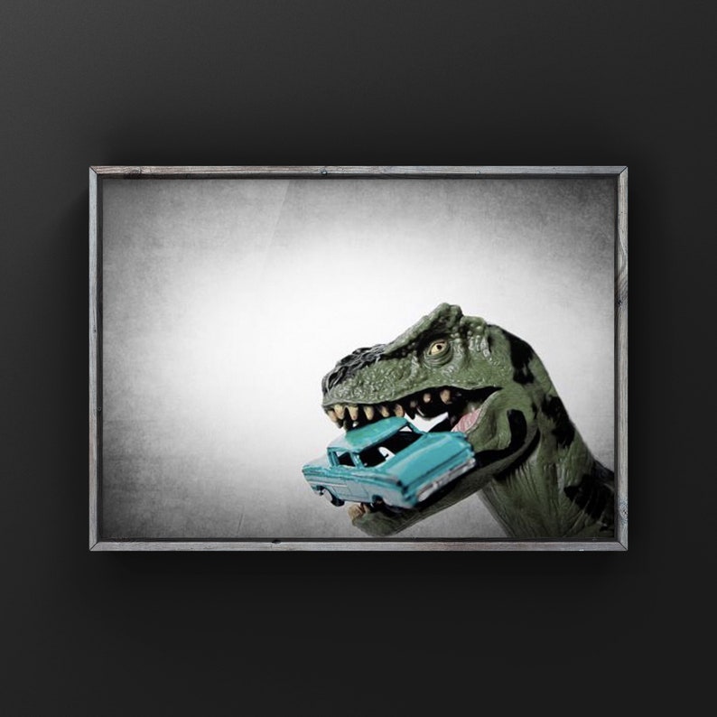 Tyrannosaurus Car Chomp, Dinosaur, Photo Print, Boys Room Decor, Dinosaur Art, Dino eating car print or canvas image 8