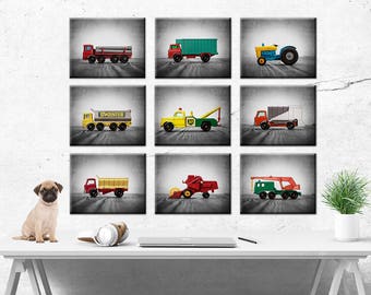 Vintage Matchbox Work Trucks, Set of Nine Stretched Canvas prints, Nursery Decor, Rustic Decor Toy Cars, Baby room ideas, Boys Room Decor,