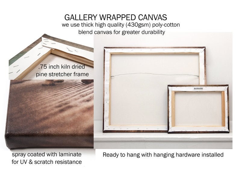 May include: A gallery wrapped canvas with a .75 inch kiln dried pine stretcher frame. The canvas is spray coated with laminate for UV and scratch resistance. The canvas is ready to hang with hanging hardware installed.