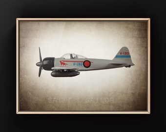 Vintage WWII Japanese Zero Fighter  on Vintage Brown Background, Photo Print, Boys Room, Boys Nursery Decor, Airplane Room