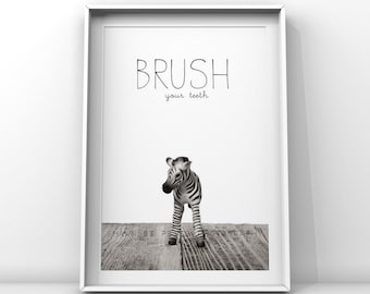 Baby Zebra 'Brush Your Teeth' Photo Print, Kids Bathroom Decor