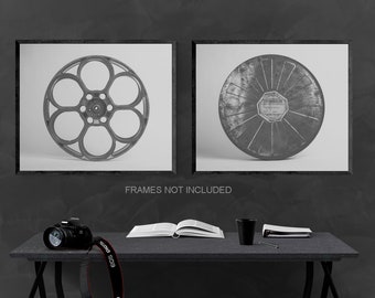 Vintage Movie Reels Set of Two Canvas Prints, Home Theater decor, Movie room art