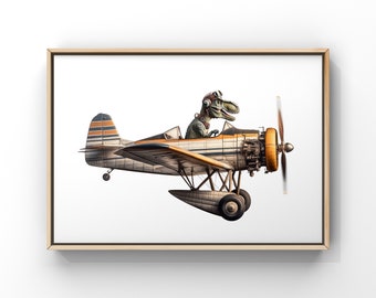 Dino Flying Vintage Yellow, black and White Crop duster Airplane Art Print, Dino Room Decor, Dinosaur Art, unframed print or canvas